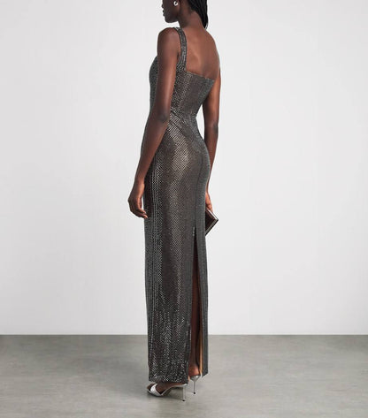 Gunmetal Square Neck Rhinestone Maxi Dress