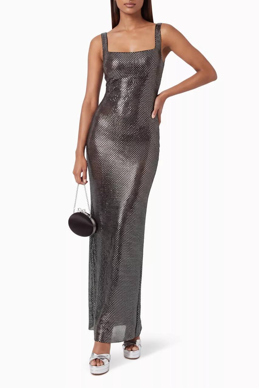Gunmetal Square Neck Rhinestone Maxi Dress