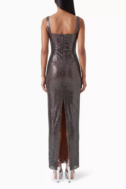 Gunmetal Square Neck Rhinestone Maxi Dress