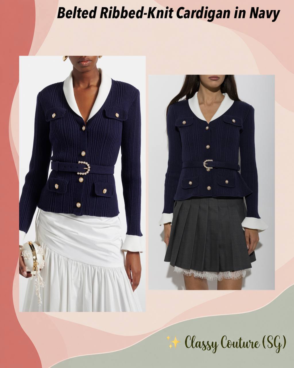 Belted Ribbed-Knit Cardigan in Navy