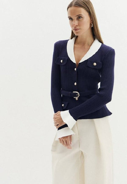 Belted Ribbed-Knit Cardigan in Navy