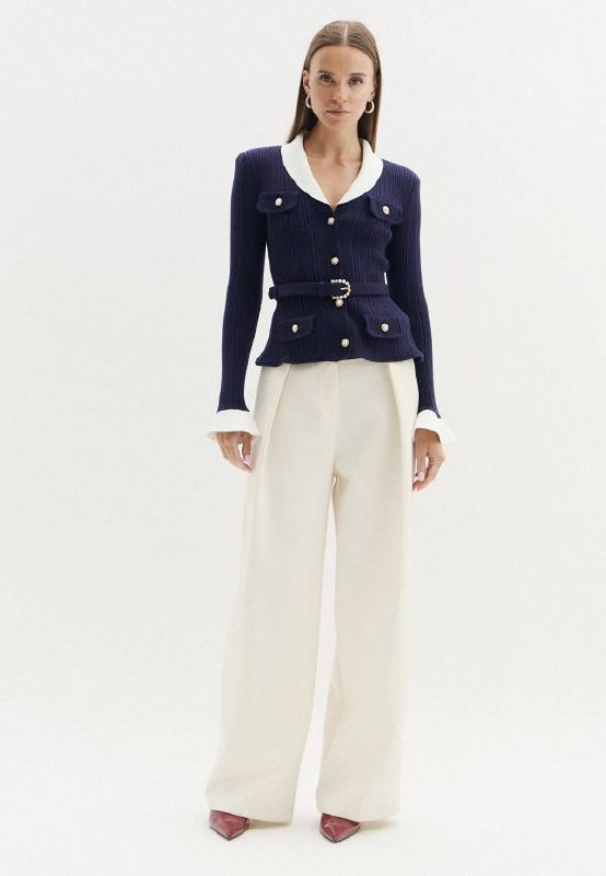 Belted Ribbed-Knit Cardigan in Navy