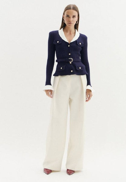 Belted Ribbed-Knit Cardigan in Navy