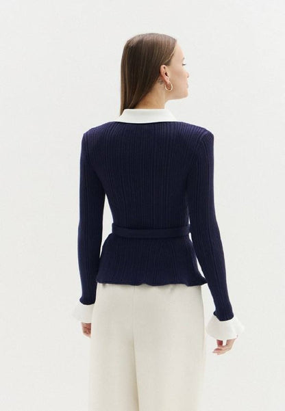 Belted Ribbed-Knit Cardigan in Navy