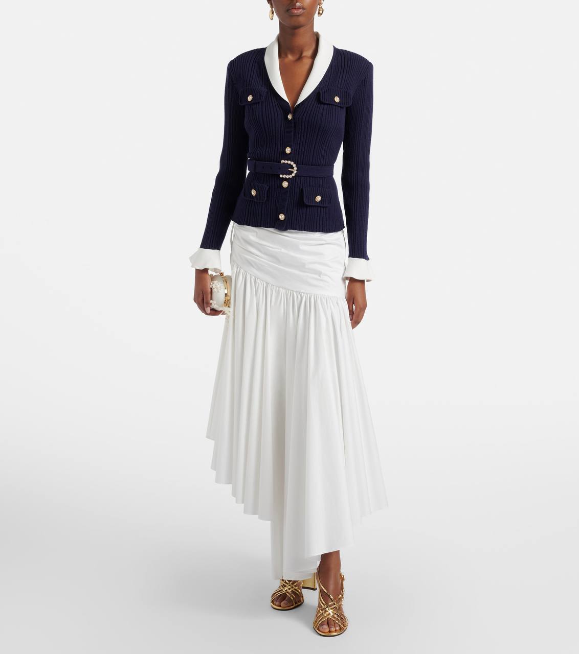Belted Ribbed-Knit Cardigan in Navy