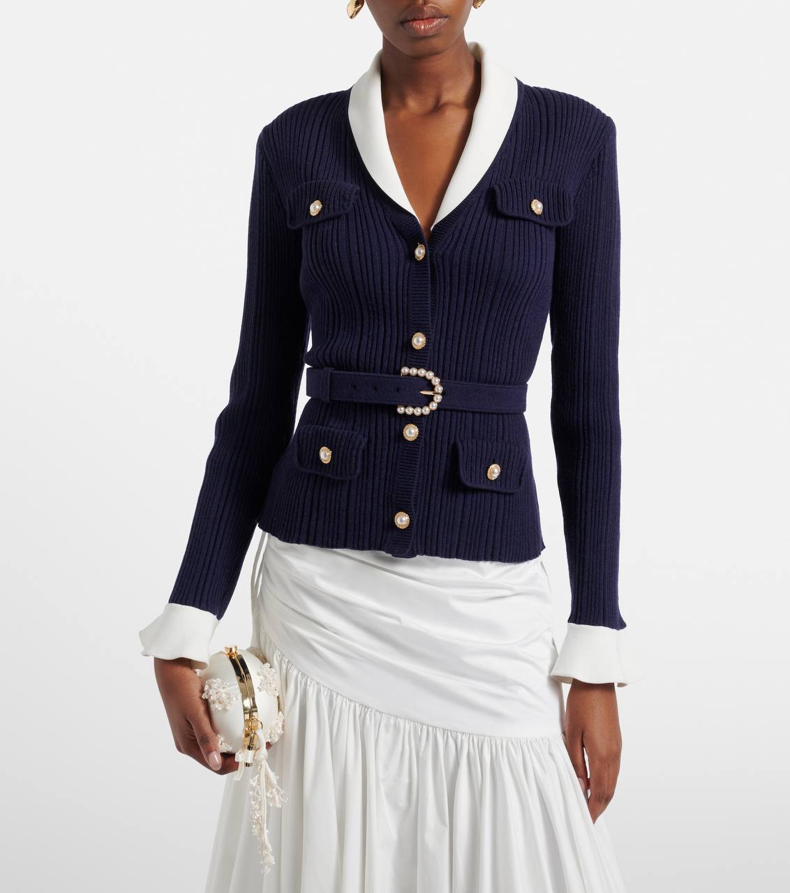 Belted Ribbed-Knit Cardigan in Navy