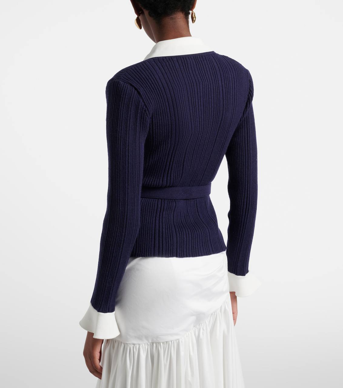 Belted Ribbed-Knit Cardigan in Navy