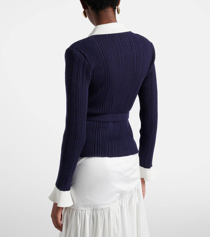Belted Ribbed-Knit Cardigan in Navy
