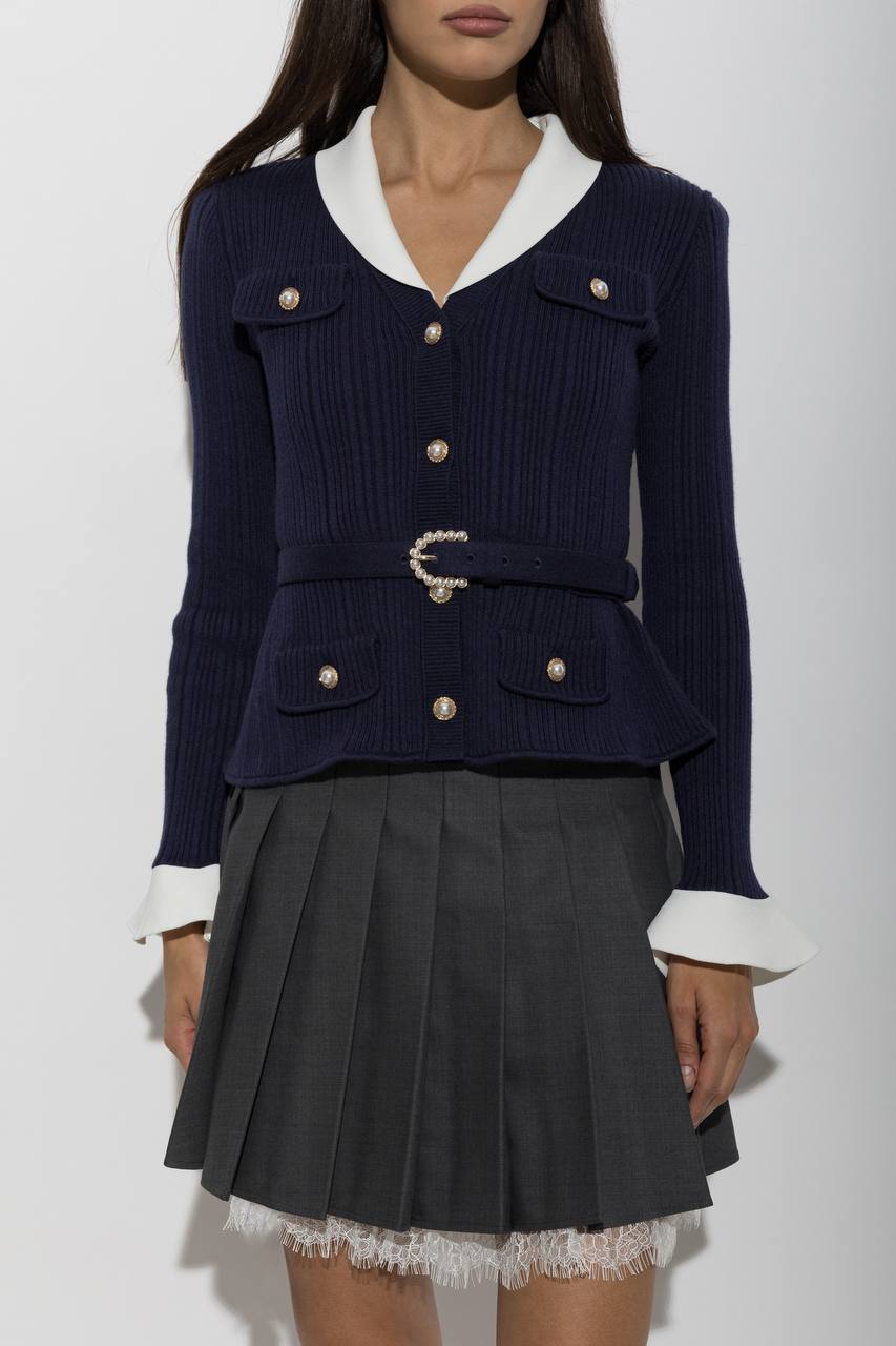 Belted Ribbed-Knit Cardigan in Navy