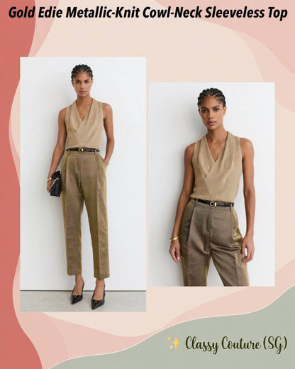 Gold Edie Metallic-Knit Cowl-Neck Sleeveless Top