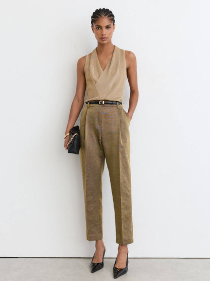 Gold Edie Metallic-Knit Cowl-Neck Sleeveless Top