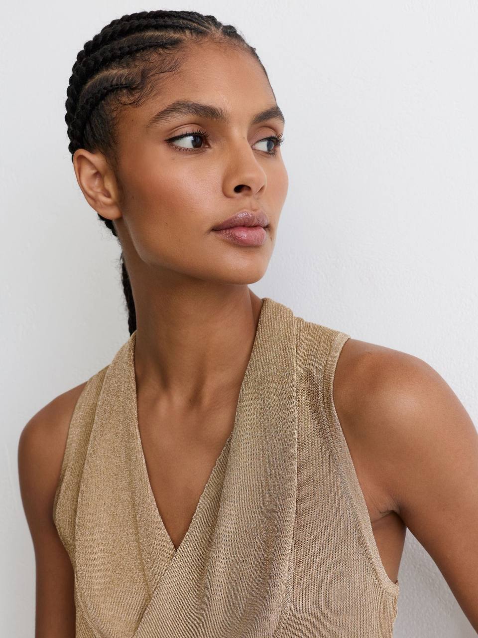 Gold Edie Metallic-Knit Cowl-Neck Sleeveless Top