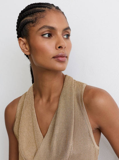 Gold Edie Metallic-Knit Cowl-Neck Sleeveless Top