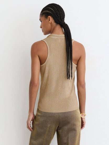 Gold Edie Metallic-Knit Cowl-Neck Sleeveless Top