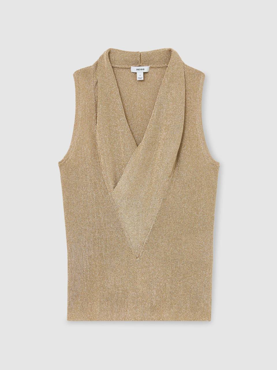 Gold Edie Metallic-Knit Cowl-Neck Sleeveless Top