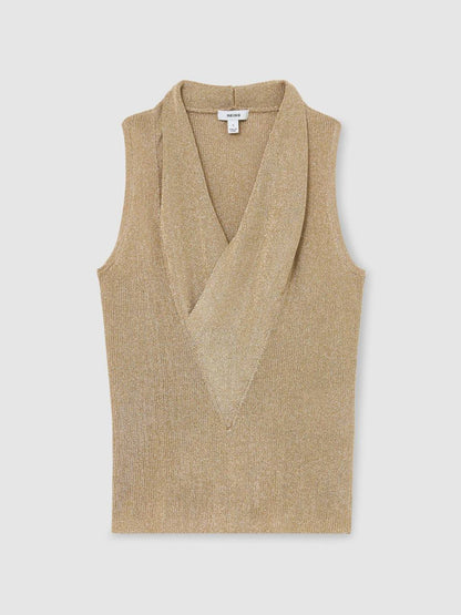 Gold Edie Metallic-Knit Cowl-Neck Sleeveless Top