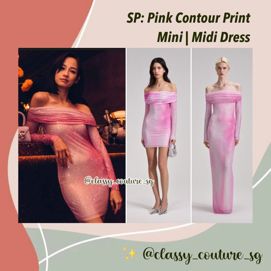 SP Pink Contour Print Mini | Maxi Dress | off shoulder rhinestone