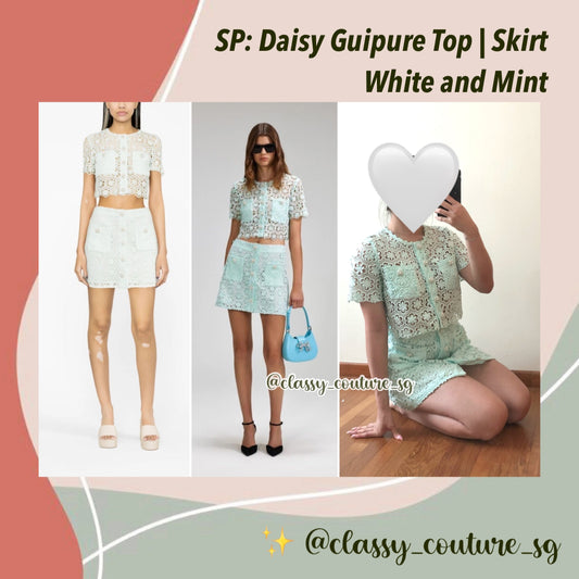 SP Daisy Guipure Top | Mini Skirt | Mint Blue and Ivory Set