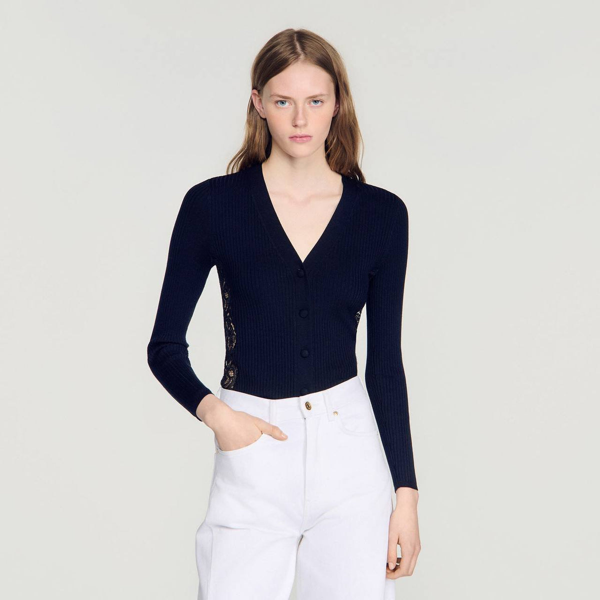 SD Black Cardigan With Lace Panel