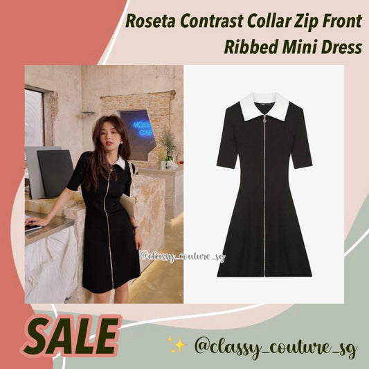 SALE! Mj Roseta Contrast Collar Zip Front Ribbed Mini Dress | Noir Black