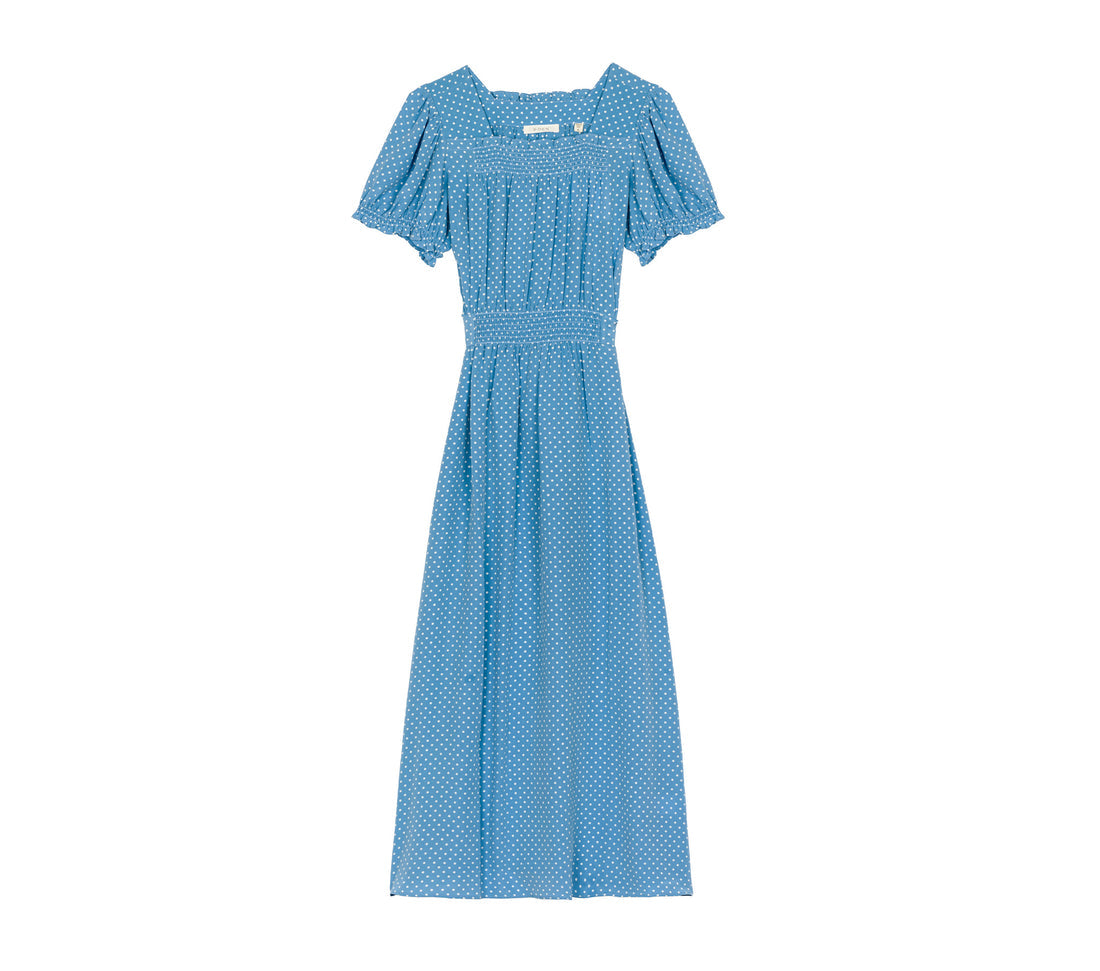 DN Castalia Silk Midi Dress in Marina Dot | blue polka dots