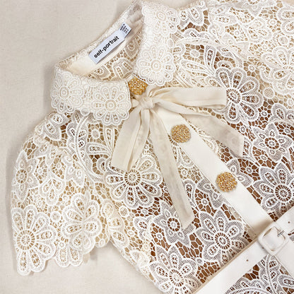self portrait cream floral guipure midi dress Self-Portrait Ivory Guipure Fitted Midi Dress evaChic