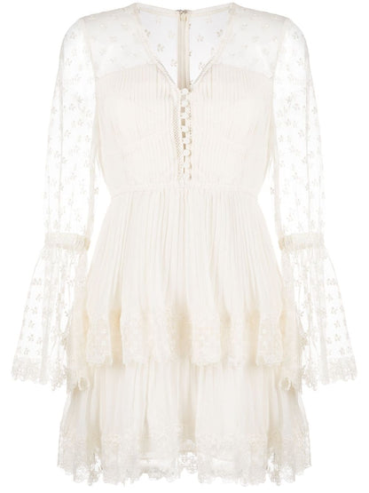 SP Cream Chiffon Lace Tiered Mini Dress