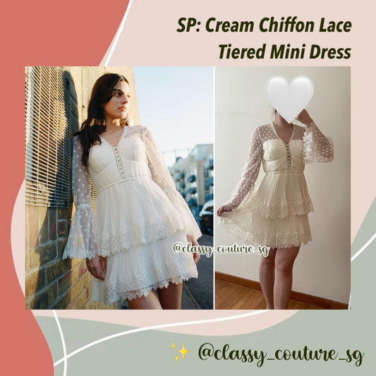 SP Cream Chiffon Lace Tiered Mini Dress