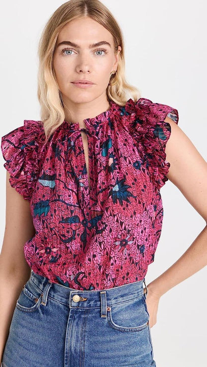 UJ Fleur Top | Snapdragon Pink Floral Cotton Flutter Sleeve