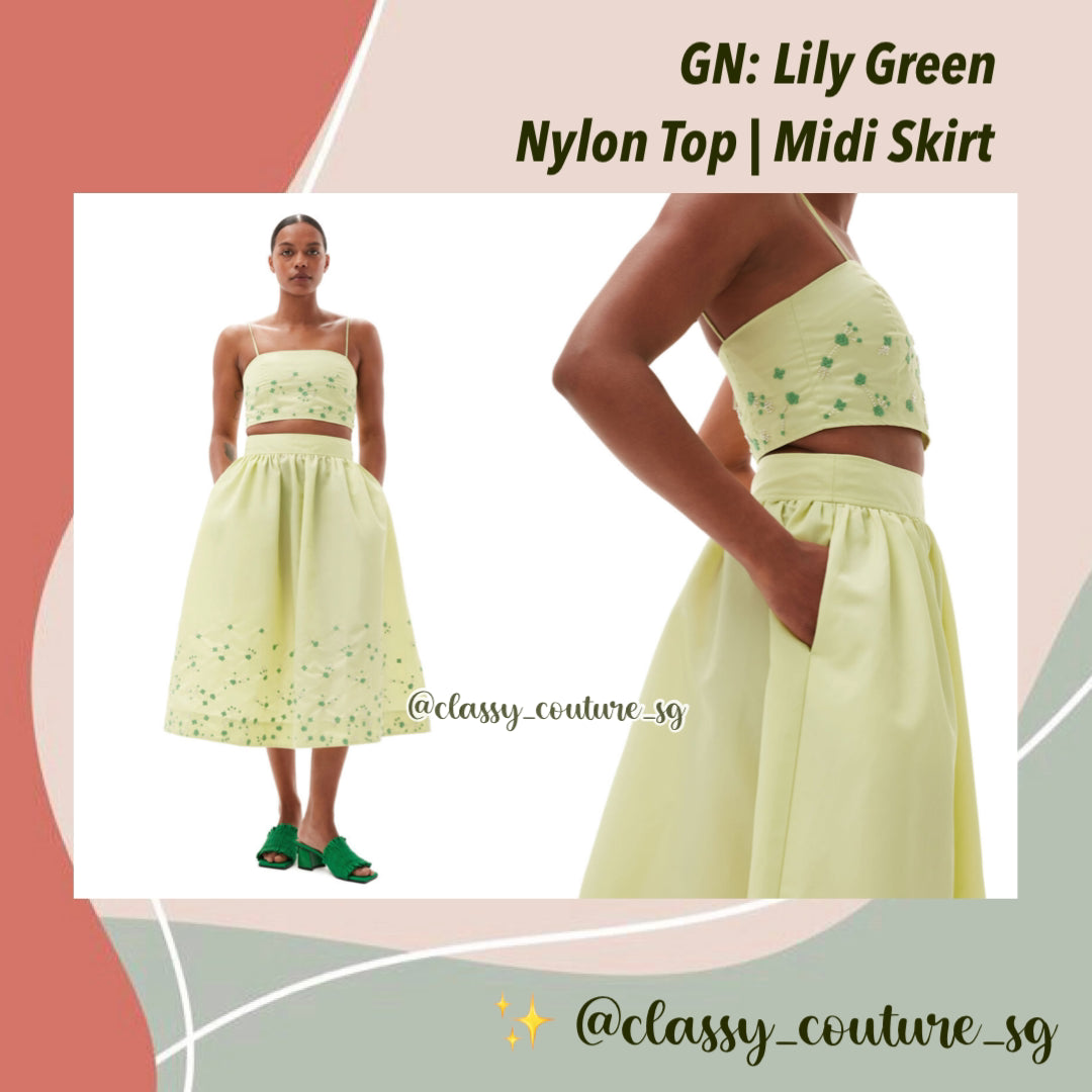 GN Lily Green Beaded Nylon Crop Top | Midi Skirt | Set
