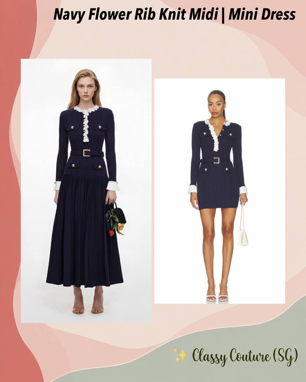 Navy Flower Rib Knit Midi | Mini Dress - Image 1