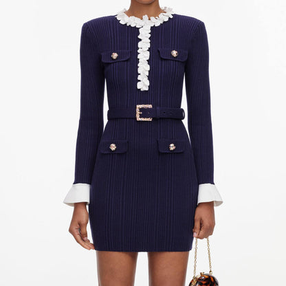 Navy Flower Rib Knit Midi | Mini Dress - Image 8