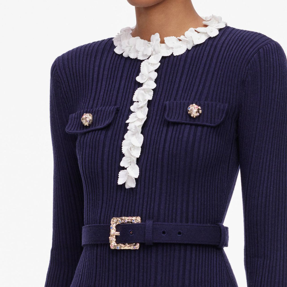 Navy Flower Rib Knit Midi | Mini Dress - Image 9