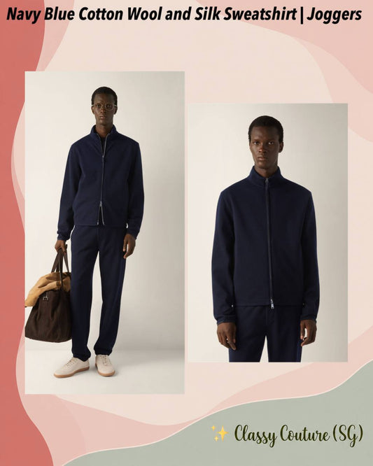 Navy Blue Cotton Wool and Silk Sweatshirt | Joggers - Image 1