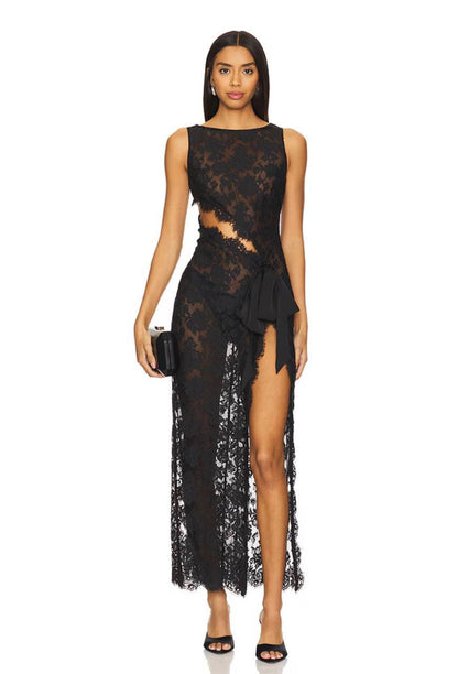NBD The Angelina Sheer Lace Asymmetric Cut out Maxi Dress in Black