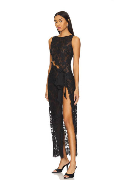 NBD The Angelina Sheer Lace Asymmetric Cut out Maxi Dress in Black
