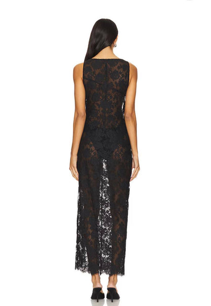 NBD The Angelina Sheer Lace Asymmetric Cut out Maxi Dress in Black