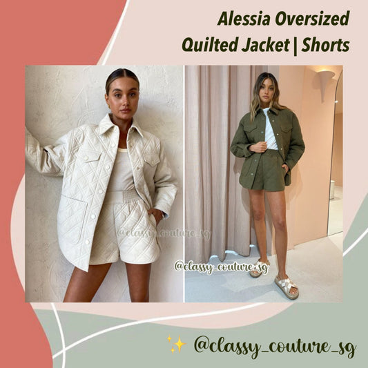 SJ Alessia Oversized Quilted Jacket | Shorts | Chalk white Bayleaf green Set