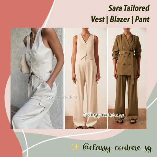 SJ Sara Tailored Fitted Vest | Blazer | Utility Relaxed Pant | Crema white, Tapenade | top pants set