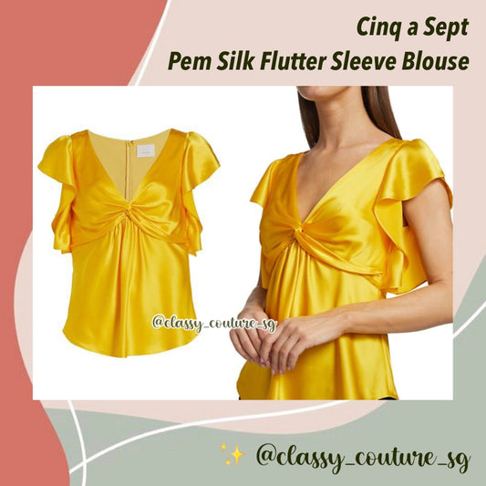 Cinq a Sept Pem Silk Flut­ter Sleeve Blouse Top | yellow