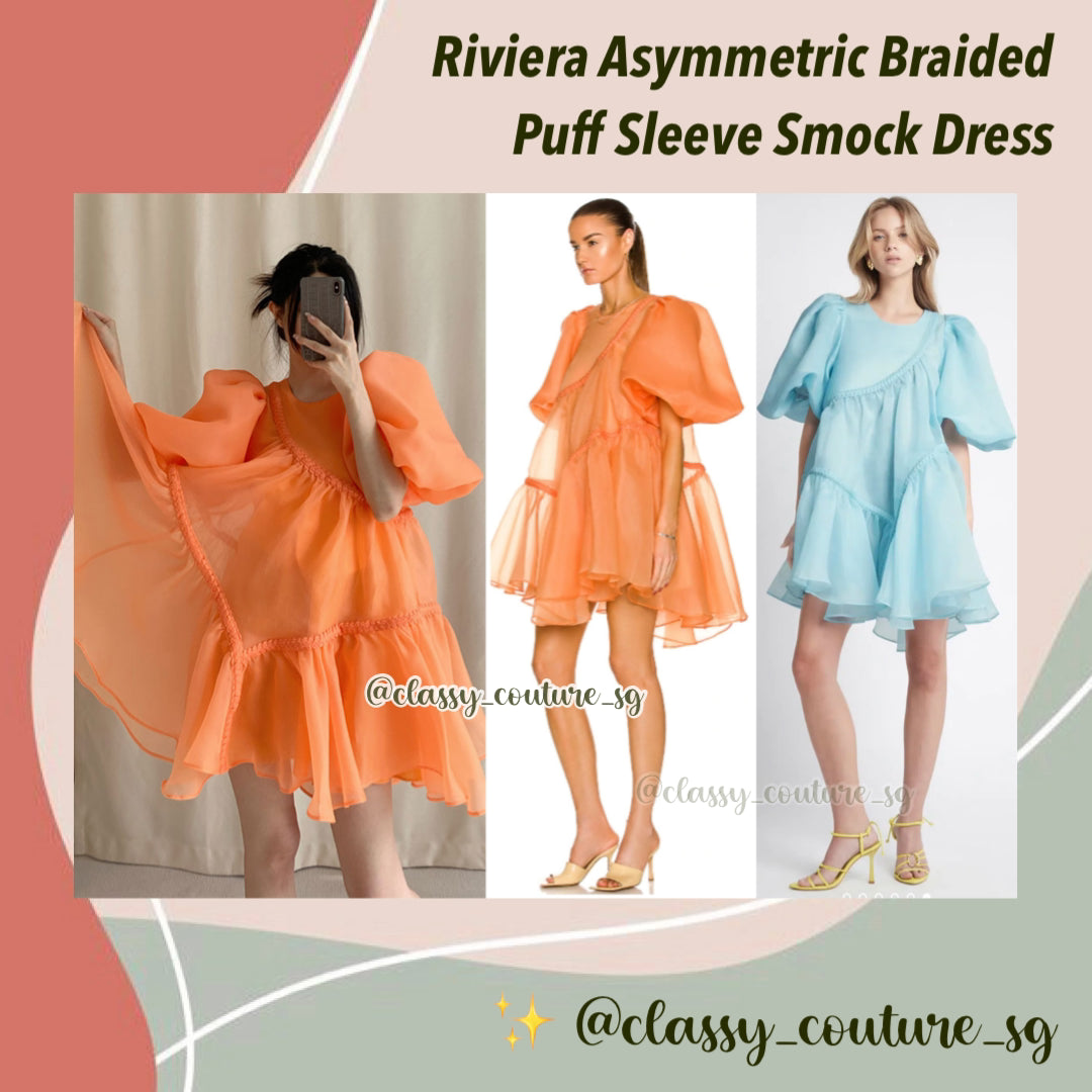 AJ Riviera Asymmetric Braided Puff Sleeve Smock Dress | mini | Mandarin Orange | Ice Blue