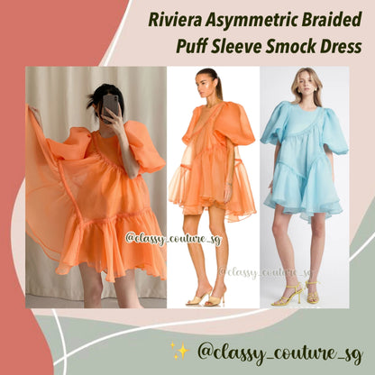 AJ Riviera Asymmetric Braided Puff Sleeve Smock Dress | mini | Mandarin Orange | Ice Blue