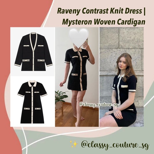 Mj Raveny Contrast Knit Dress With Horsebit in Black | Mysteron V-Neck Woven Cardigan | Set