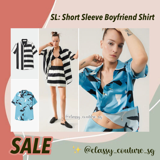 SALE! SL Short Sleeve Boyfriend Silk Shirt: Black Stripe, Blue Swans