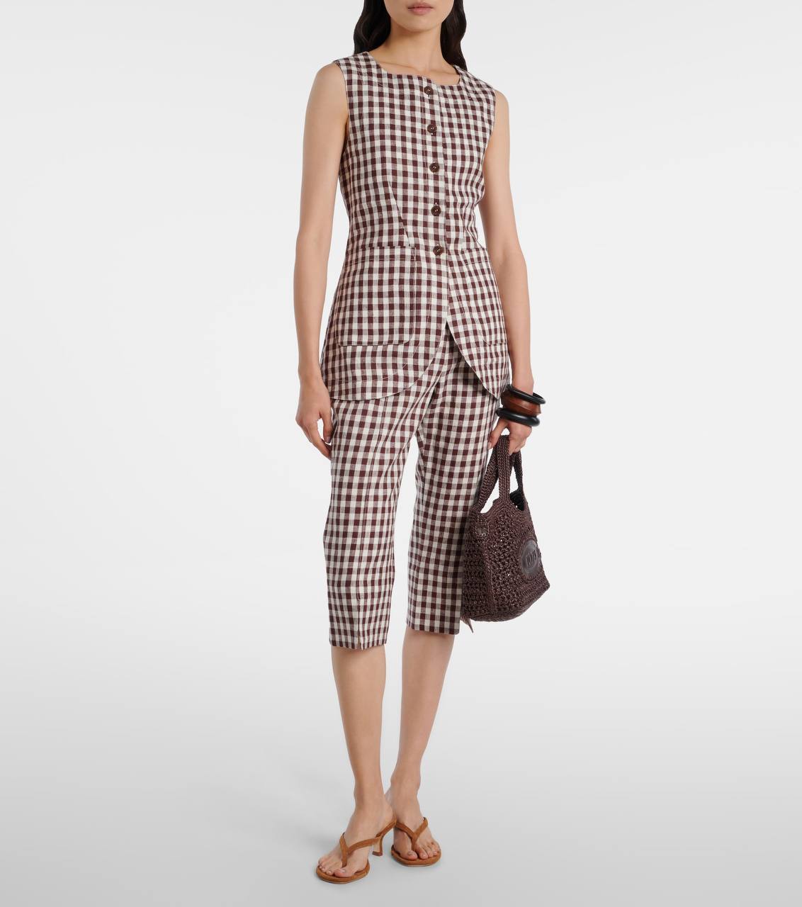 PSE Romeo Brown Gingham Linen Vest Top