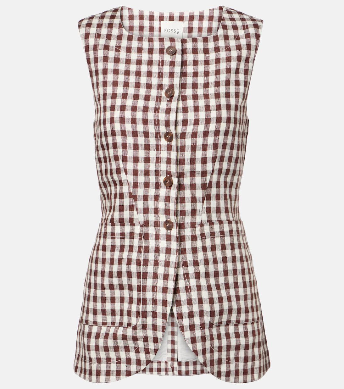 PSE Romeo Brown Gingham Linen Vest Top