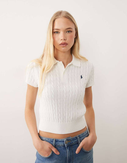 RL Cropped Cable Knit Polo Shirt
