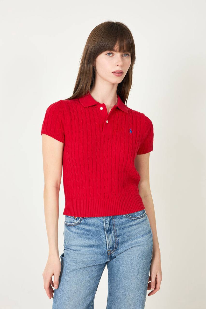 RL Cropped Cable Knit Polo Shirt