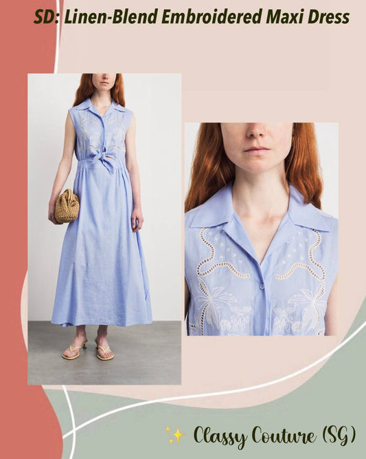 Blue Linen-Viscose Embroidered Front-Tie Sleeveless Shirtdress Maxi Dress