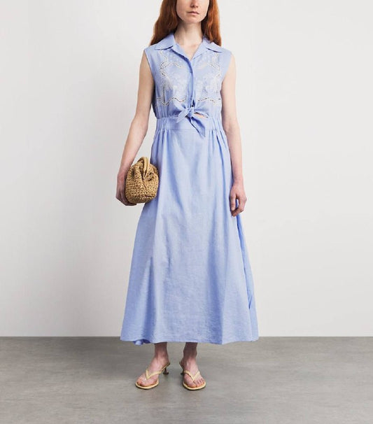 Blue Linen-Viscose Embroidered Front-Tie Sleeveless Shirtdress Maxi Dress